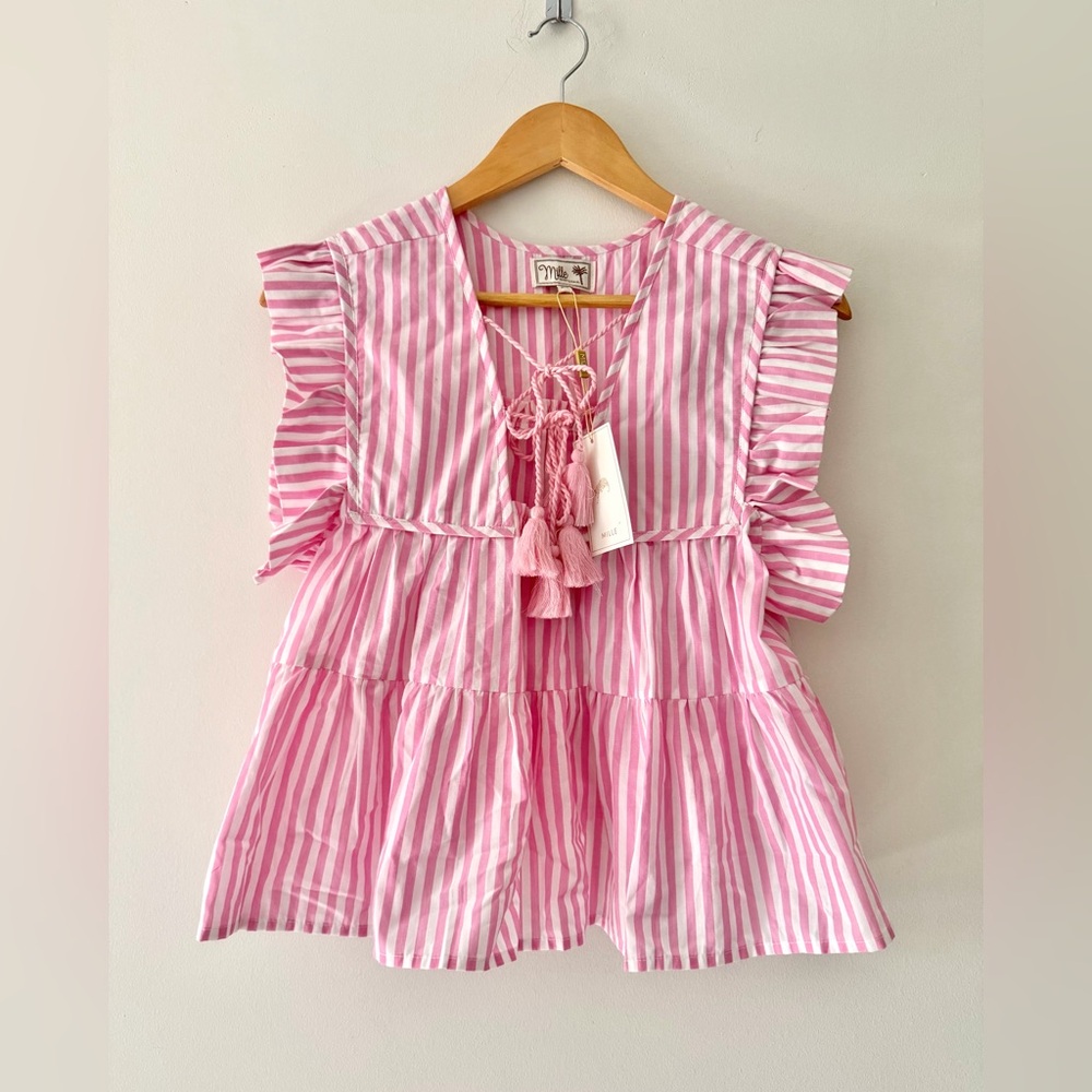NEW Mille Chelsea Top in Bubblegum Stripe Pink White Tassel, XS